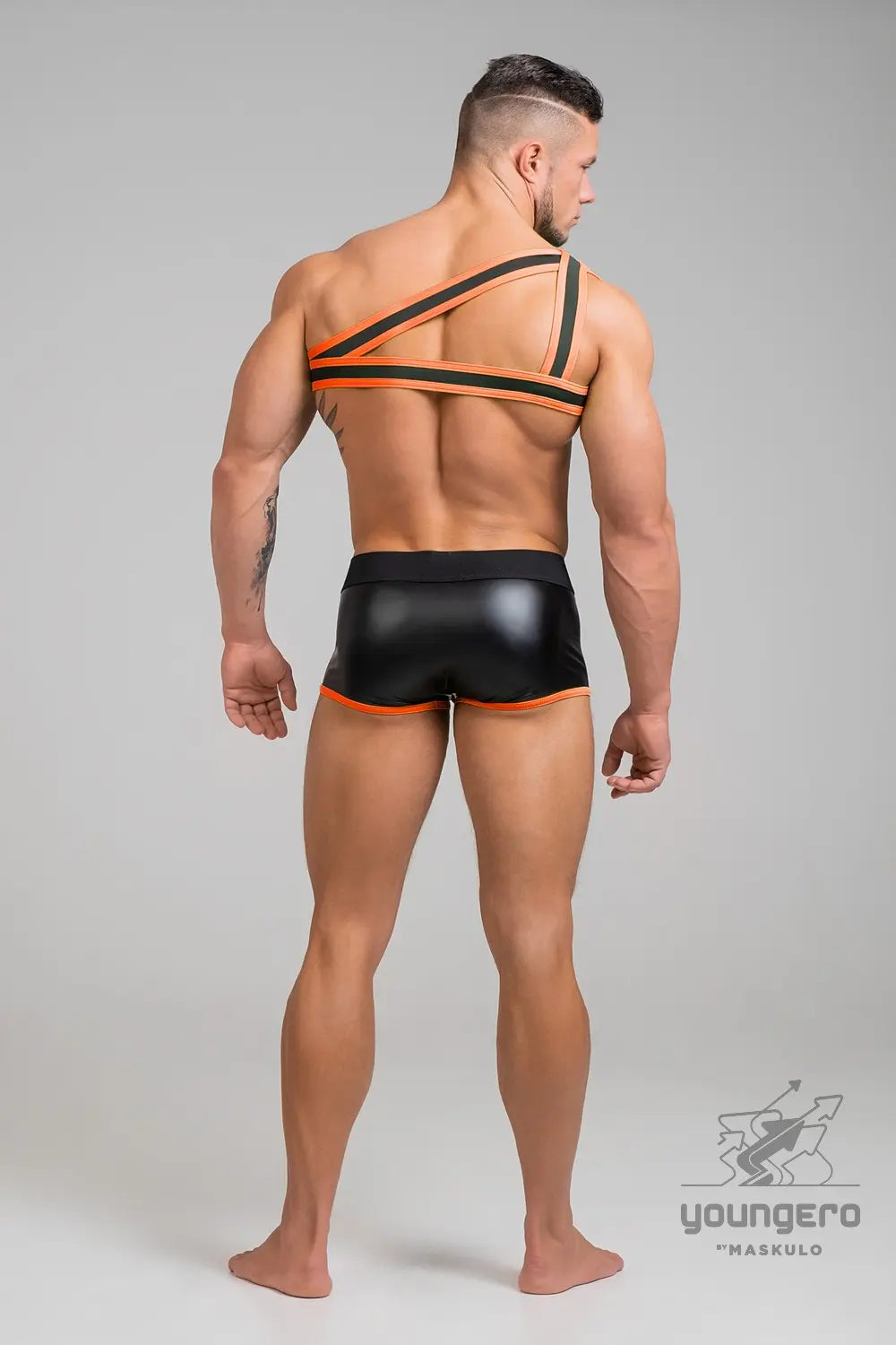 Youngero. Asymmetrical One Shoulder Rubber Harness. Orange Neon