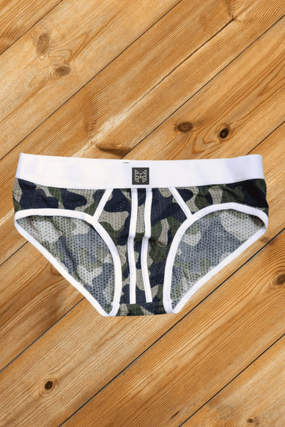 Ian Steelguard Mesh Briefs. Camouflage + White