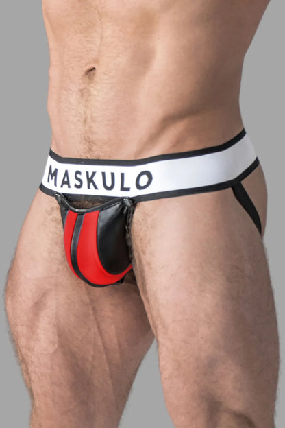 Armé. Jockstrap pour homme. Braguette amovible. Noir et rouge