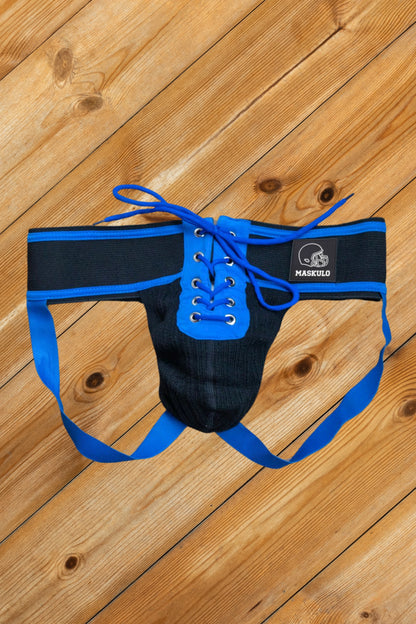 Liam Gridd-Iron, American Football Jockstrap. Black + Royal Blue