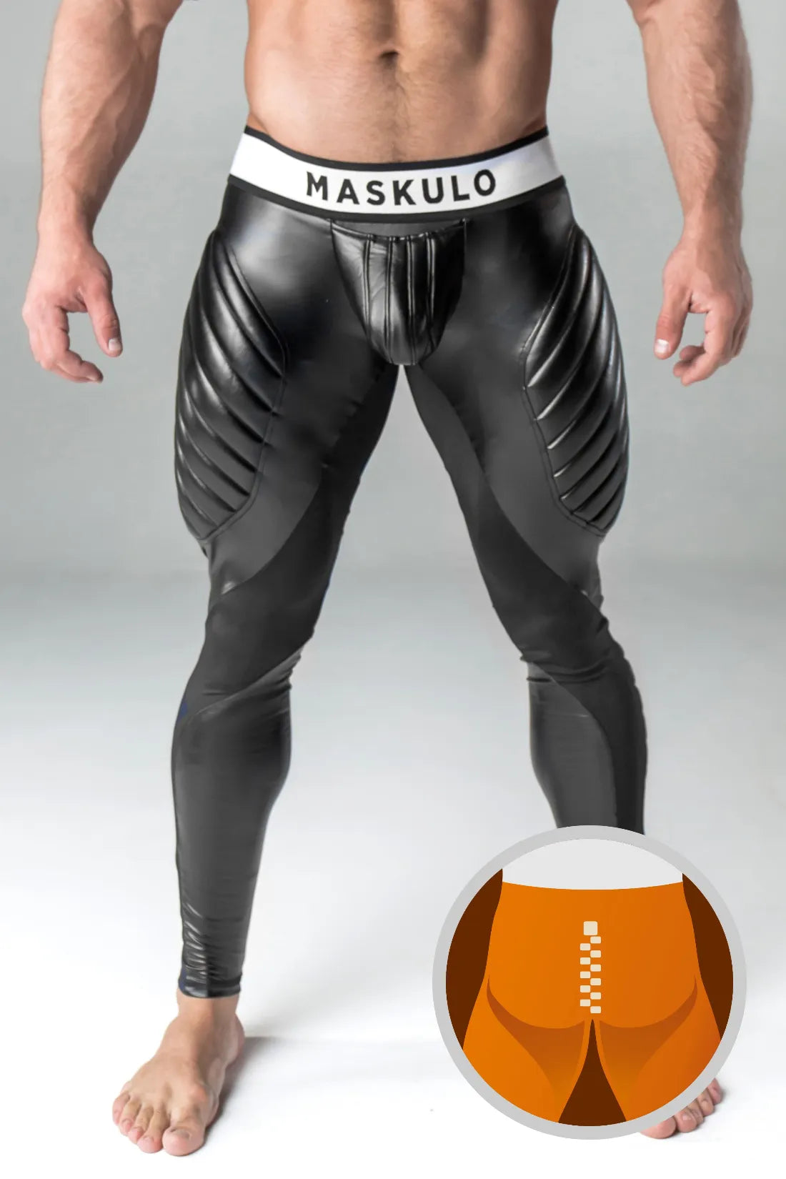 Armored. Leggings fetiche para hombre. Bragueta. Parte trasera con cremallera. Negro