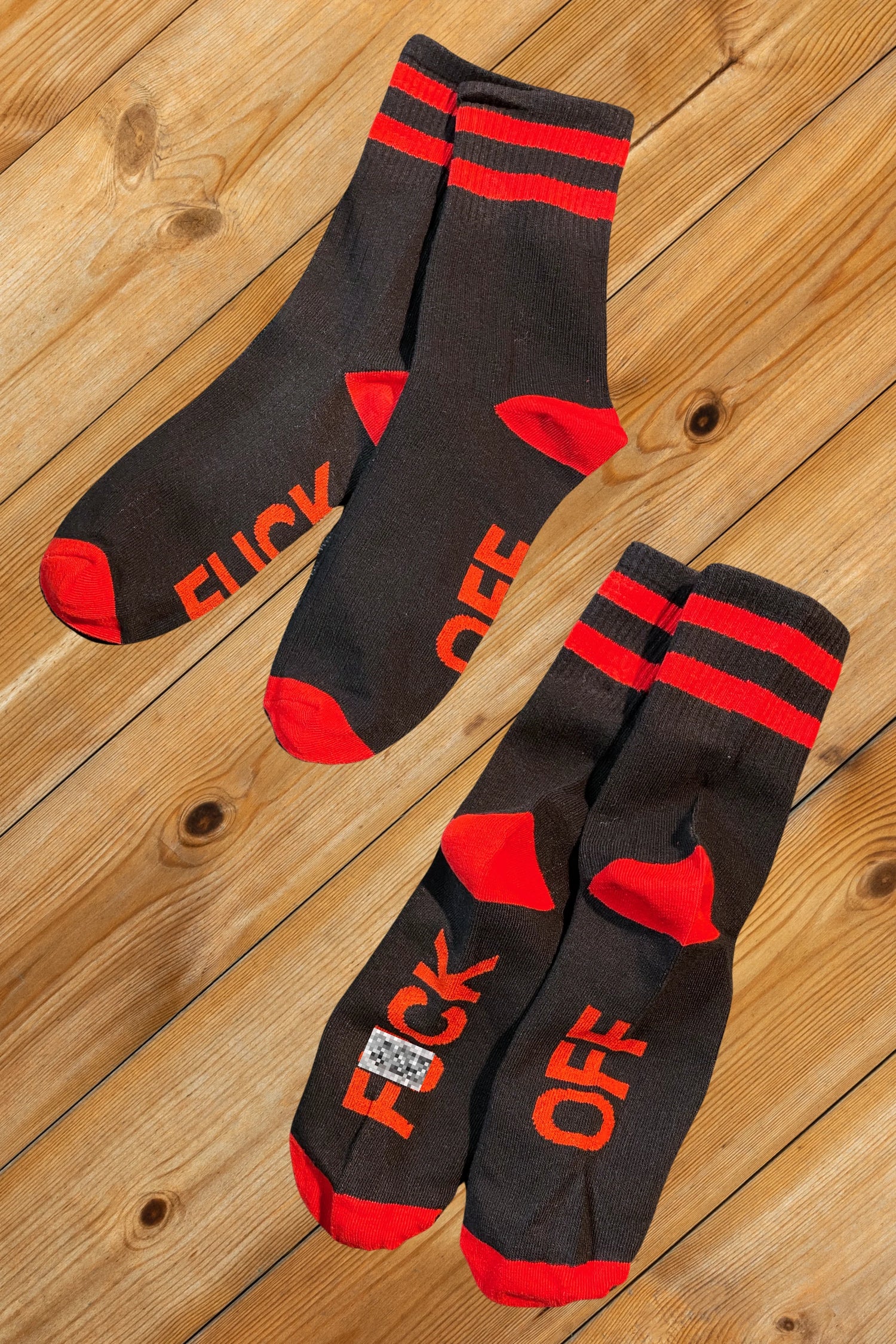 &quot;F*CK OFF&quot; Crew Socks. Black + Red