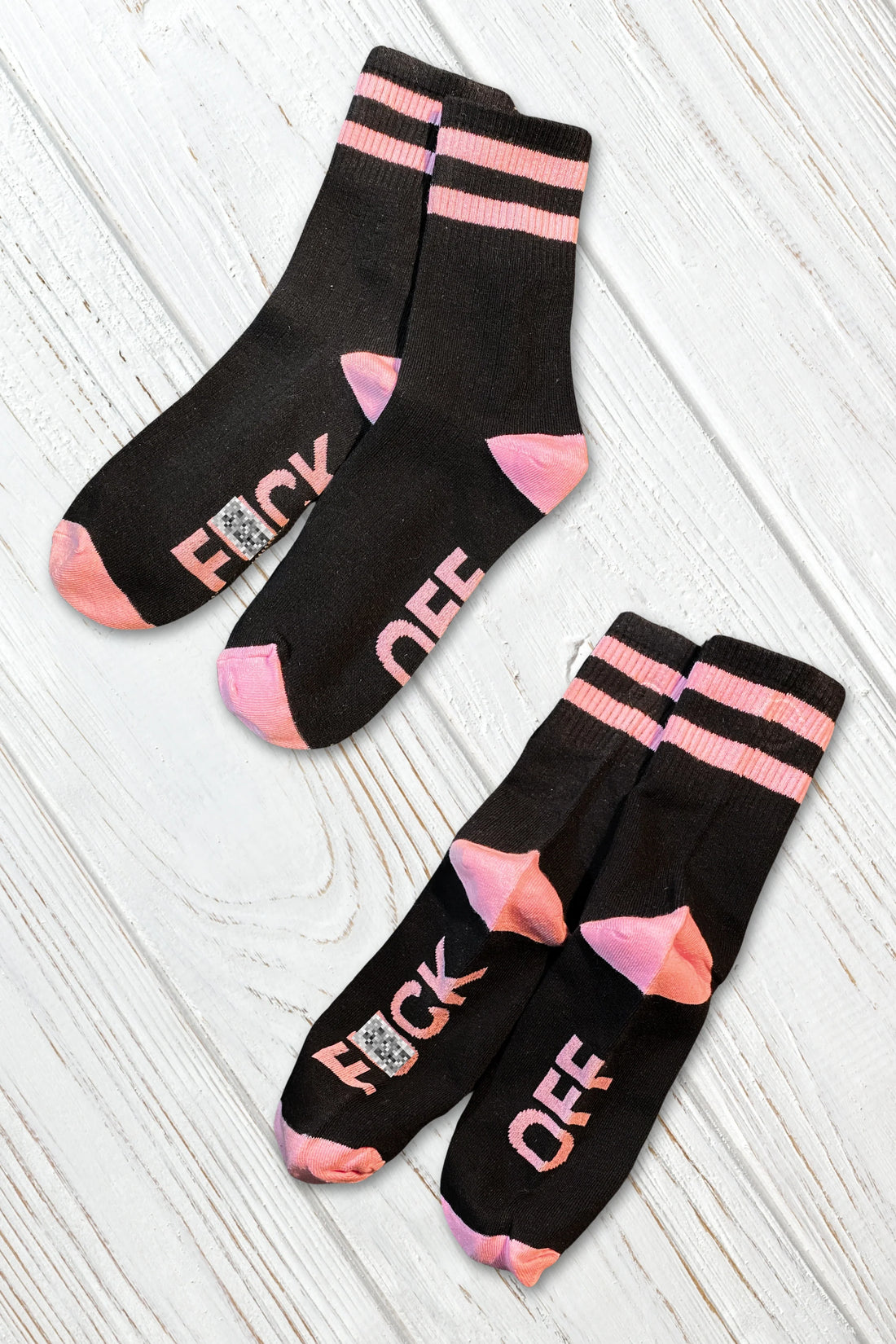 &quot;F*CK OFF&quot; Crew Socks. Black + Pink