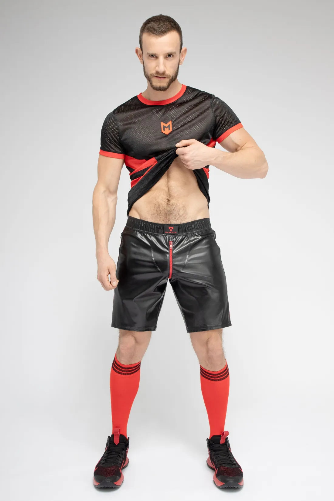 Skulla. Leatherette Soccer Shorts. Black and Red
