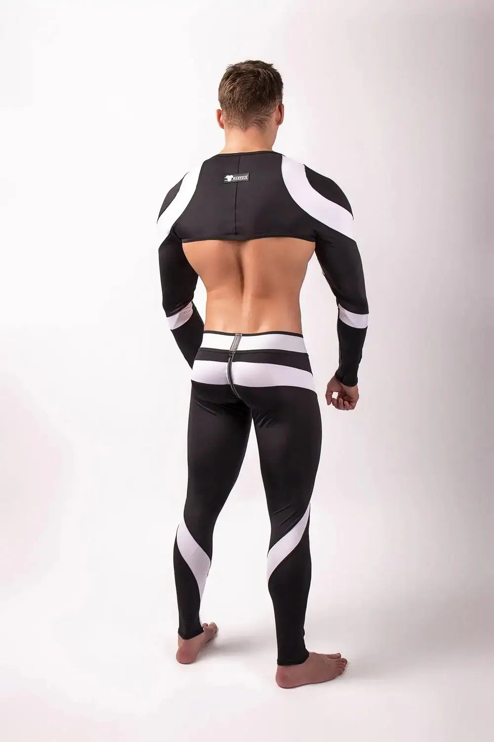 Maskulo Youngero white-neon UV glowing long sleeve crop fetish top for men, ideal for urban and gender-fluid style