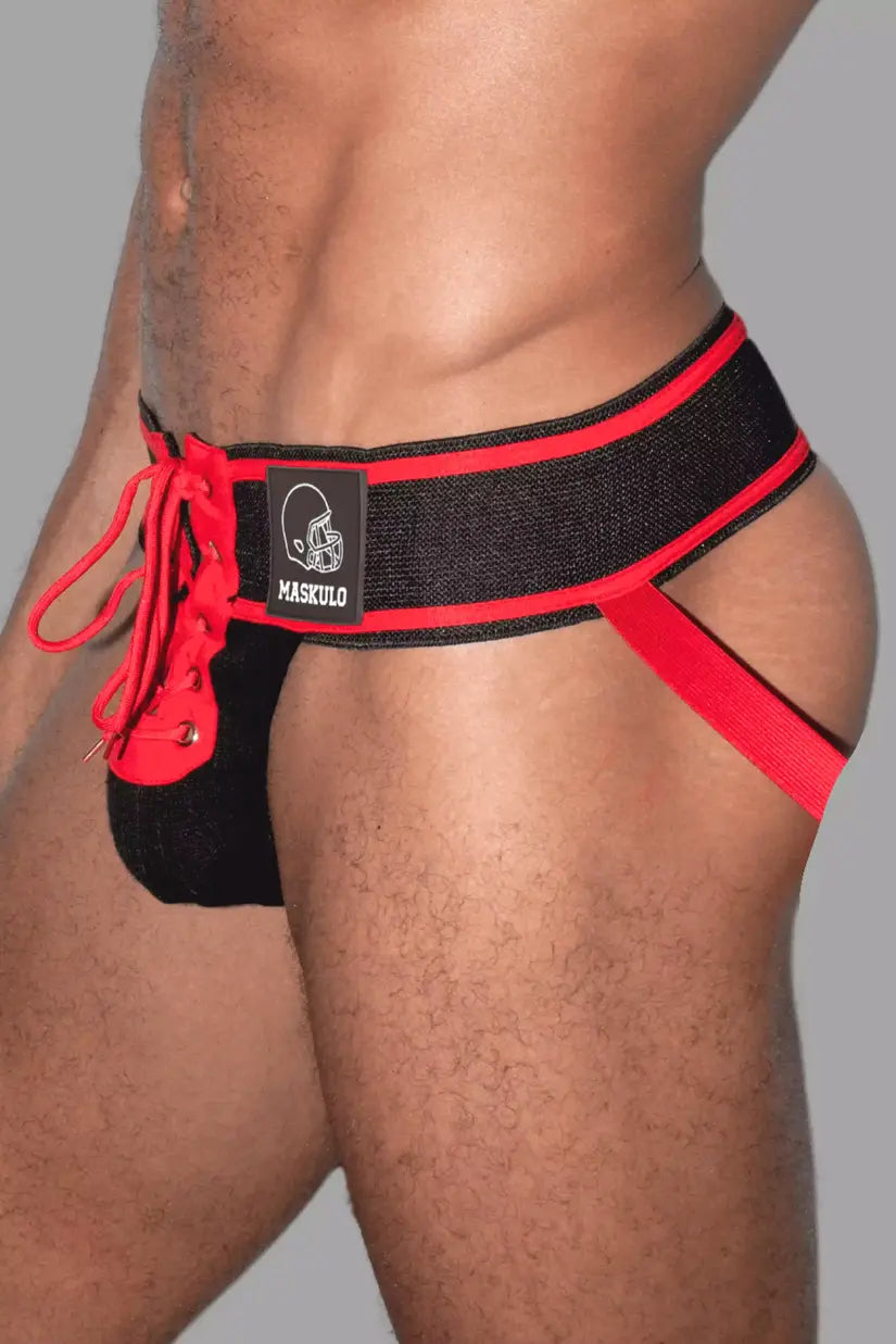 Jett Gridd-Iron, Jockstrap de Fútbol Americano. Negro + Rojo