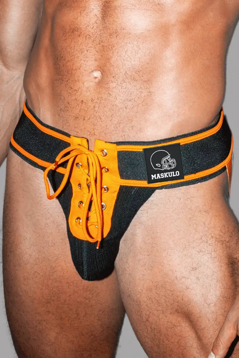 Matt Gridd-Iron, American Football Jockstrap. Schwarz + Orange