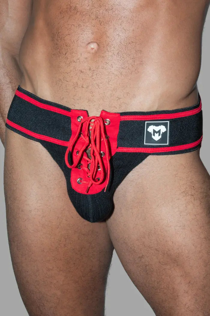 Jett Gridd-Iron, American Football Jockstrap. Zwart + Rood