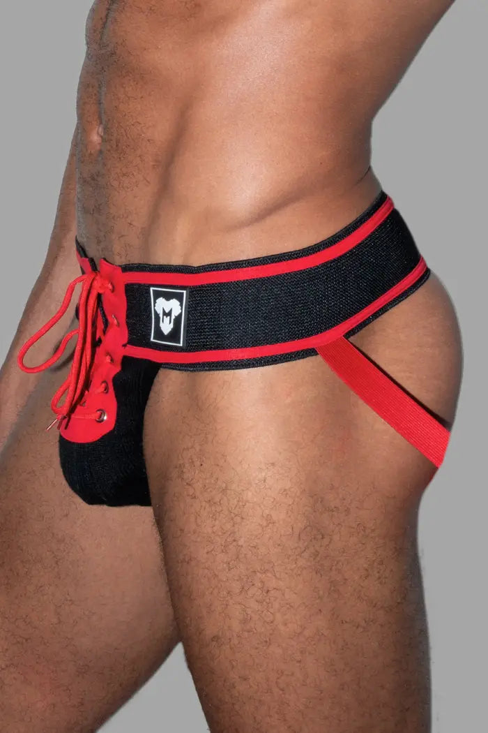 Jett Gridd-Iron, American Football Jockstrap. Zwart + Rood