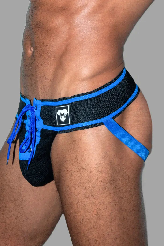 Liam Gridd-Iron, American Football Jockstrap. Zwart + Koningsblauw