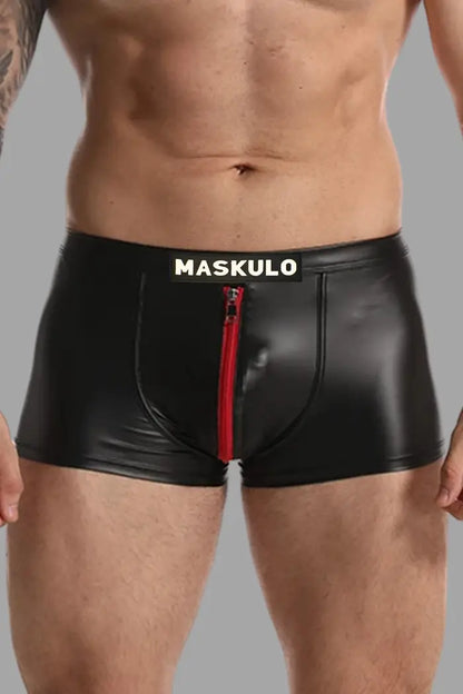 Raff LiquidOil PU Leather Shorts. Black + Red