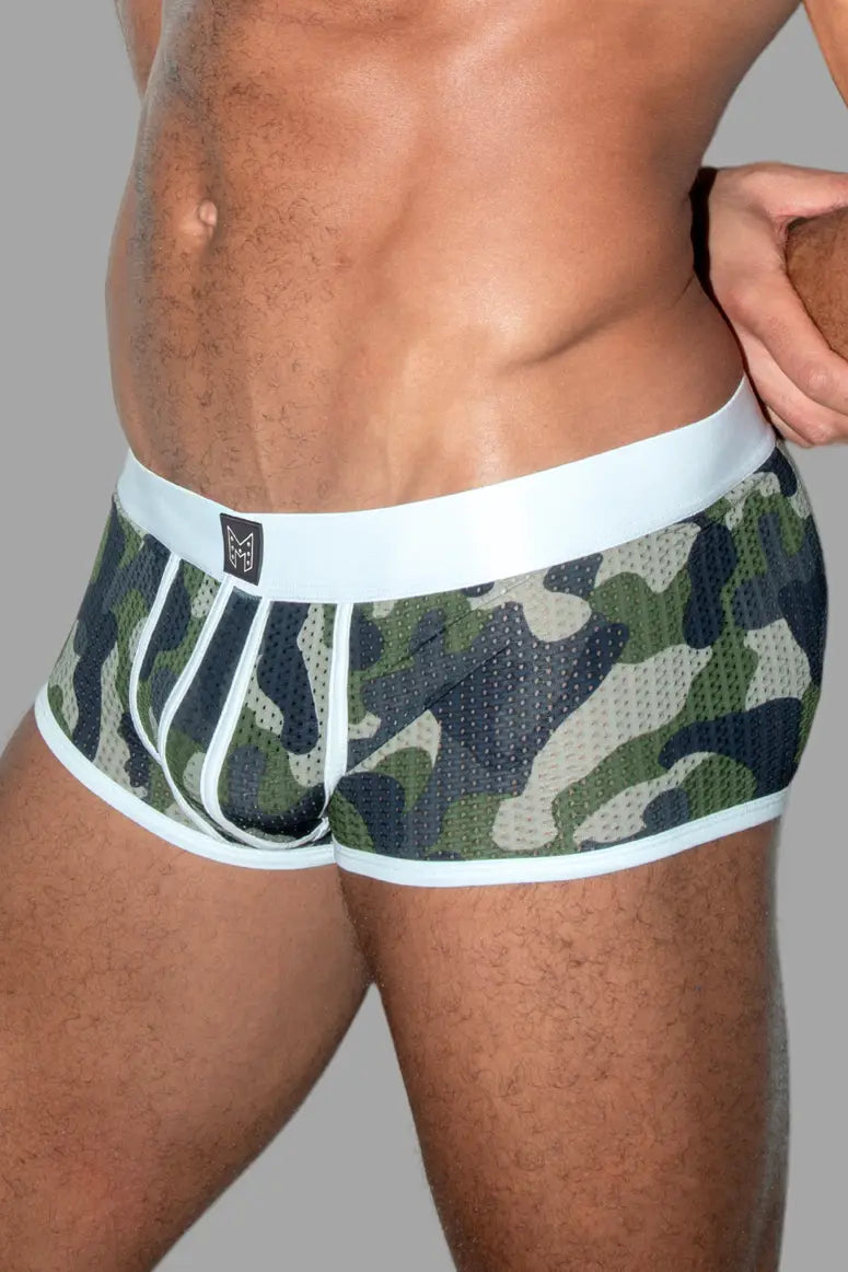 Jim Steelguard Mesh Trunks. Camouflage + White