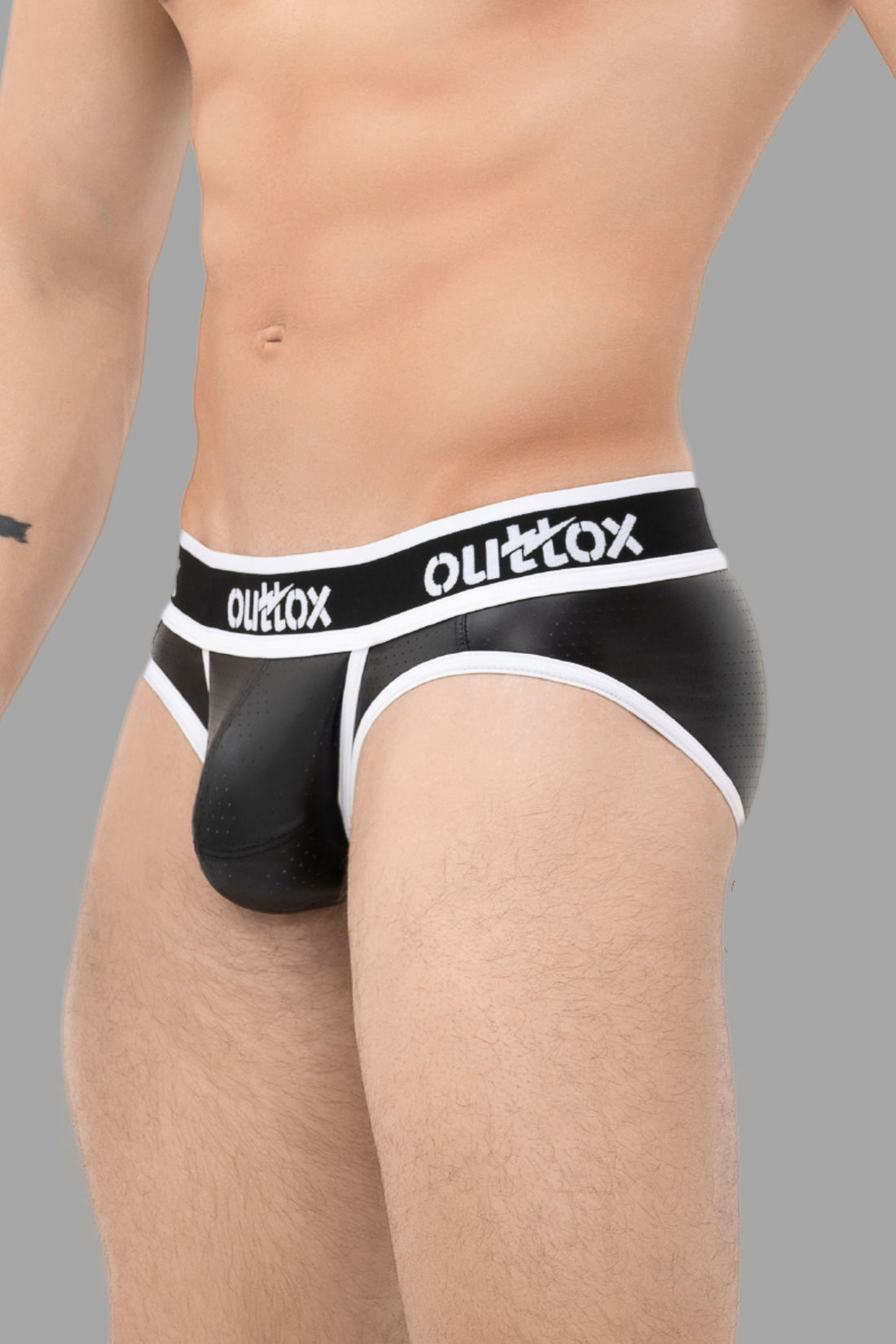 Outtox. Wrapped Rear Briefs with Snap Codpiece. Black+White