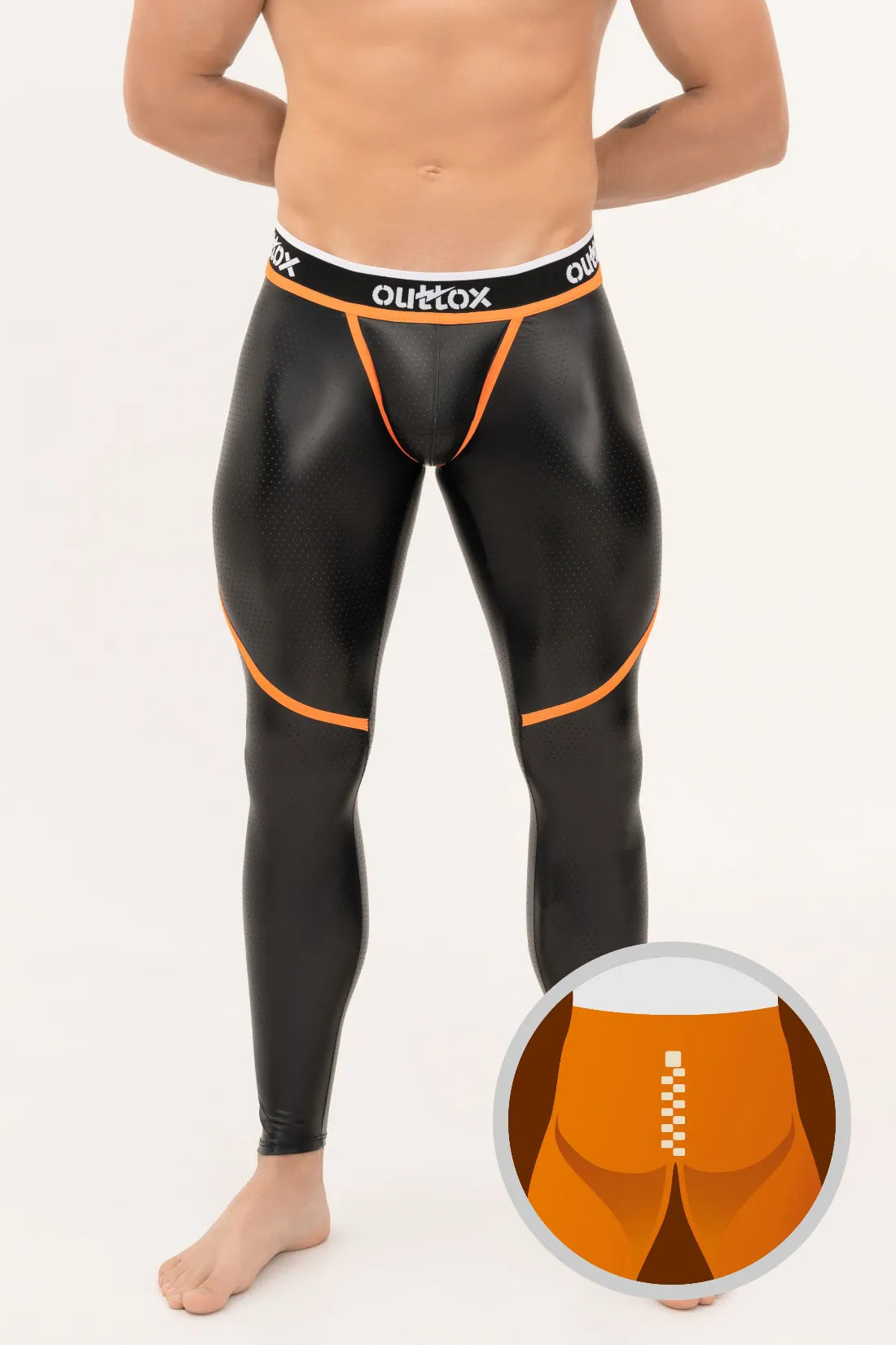 Outtox. Zip-Rear Leggings with Snap Codpiece. Black and Orange