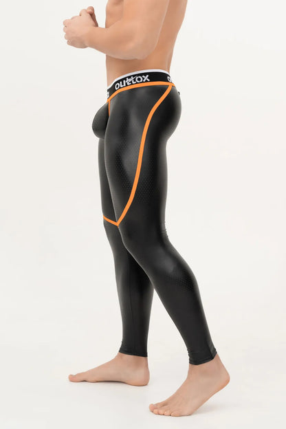 Outtox. Zip-Rear Leggings with Snap Codpiece. Black and Orange