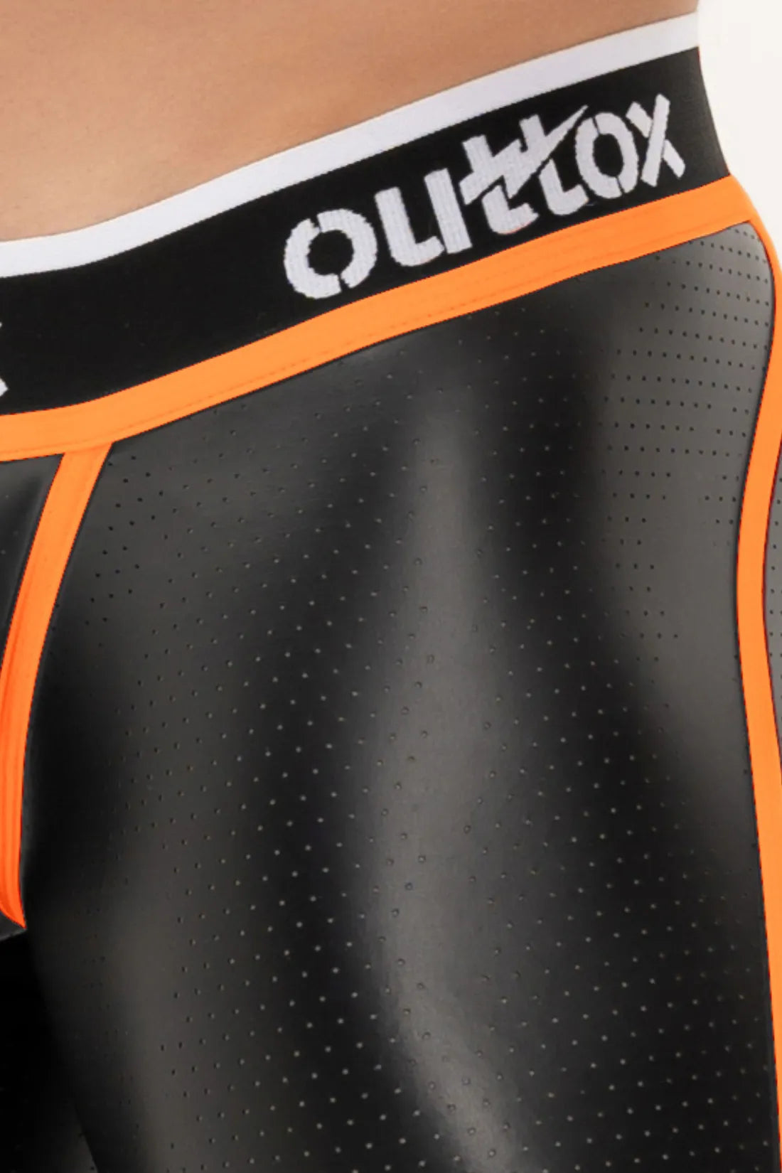 Outtox. Zip-Rear Leggings with Snap Codpiece. Black and Orange