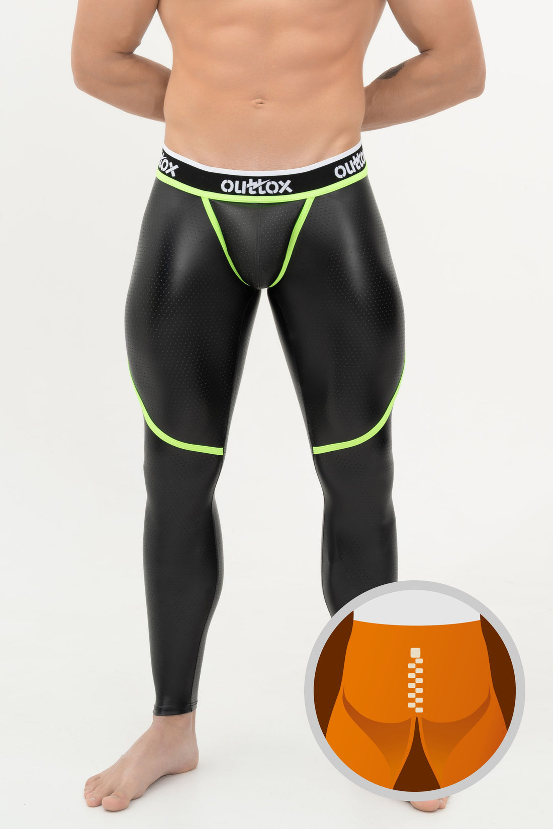 Outtox. Zip-Rear Leggings with Snap Codpiece. Black+Green &