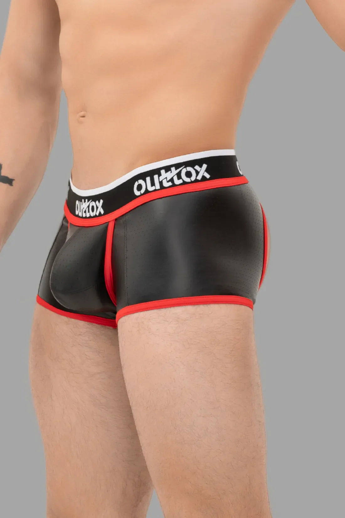 Outtox. Open Rear Trunk Shorts with Snap Codpiece. Black and Red
