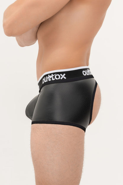 Outtox. Open Rear Trunk Shorts with Snap Codpiece. Black