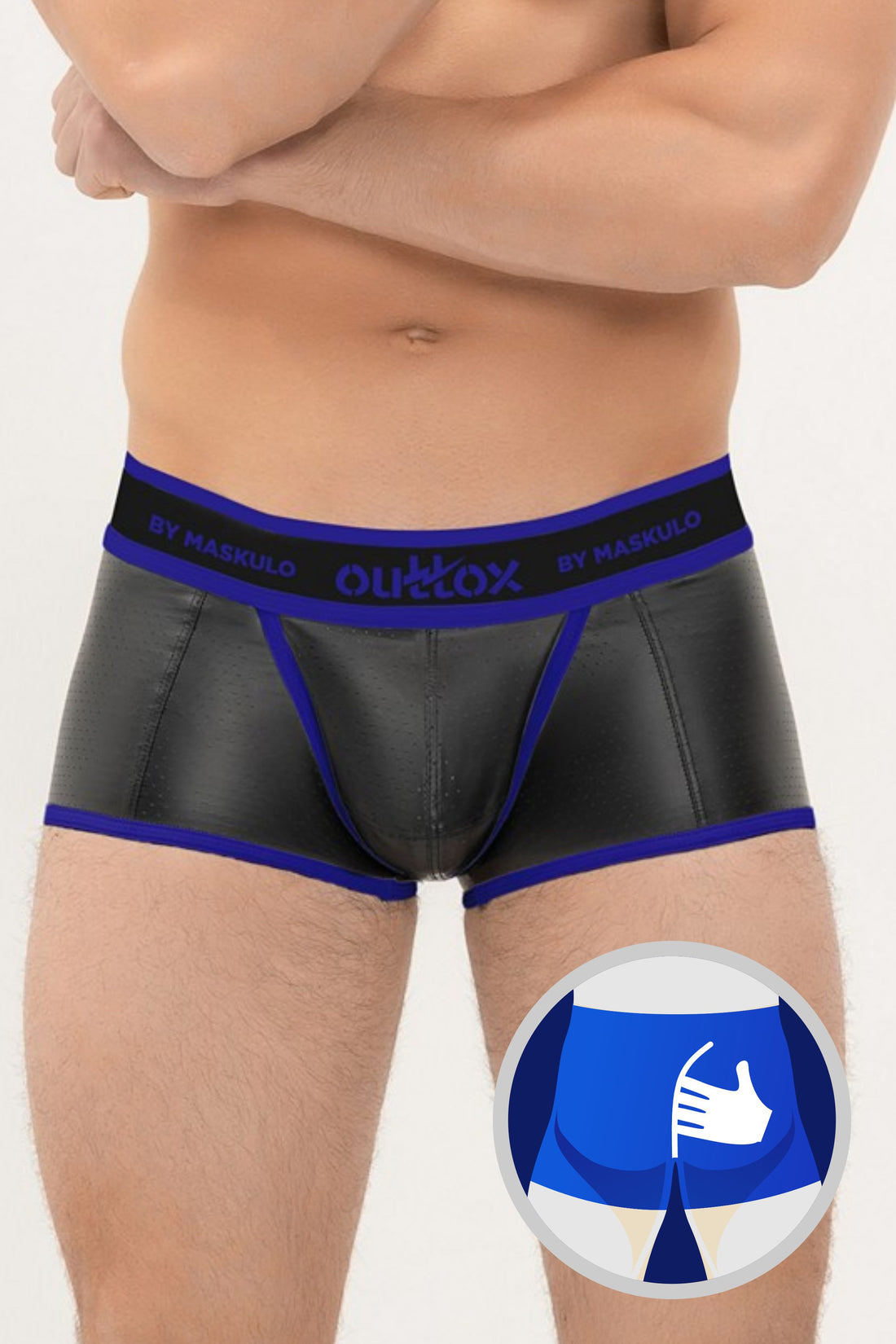 Outtox. Wrapped Rear Trunk Shorts with Snap Codpiece. Blue