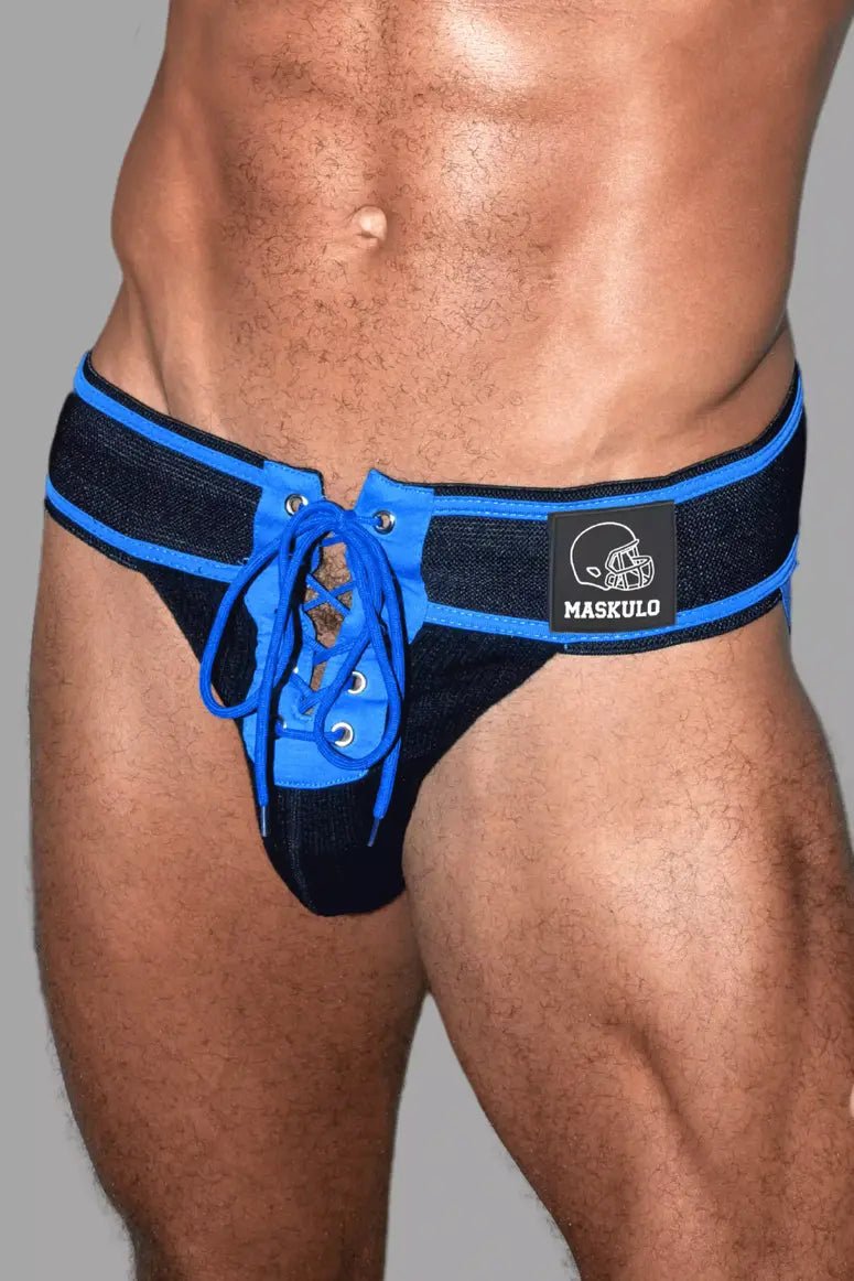 Liam Gridd - Iron, American Football Jockstrap. Black + Royal Blue - Maskulo - MJS191 - Y1 - Maskulo Global (EU) Store