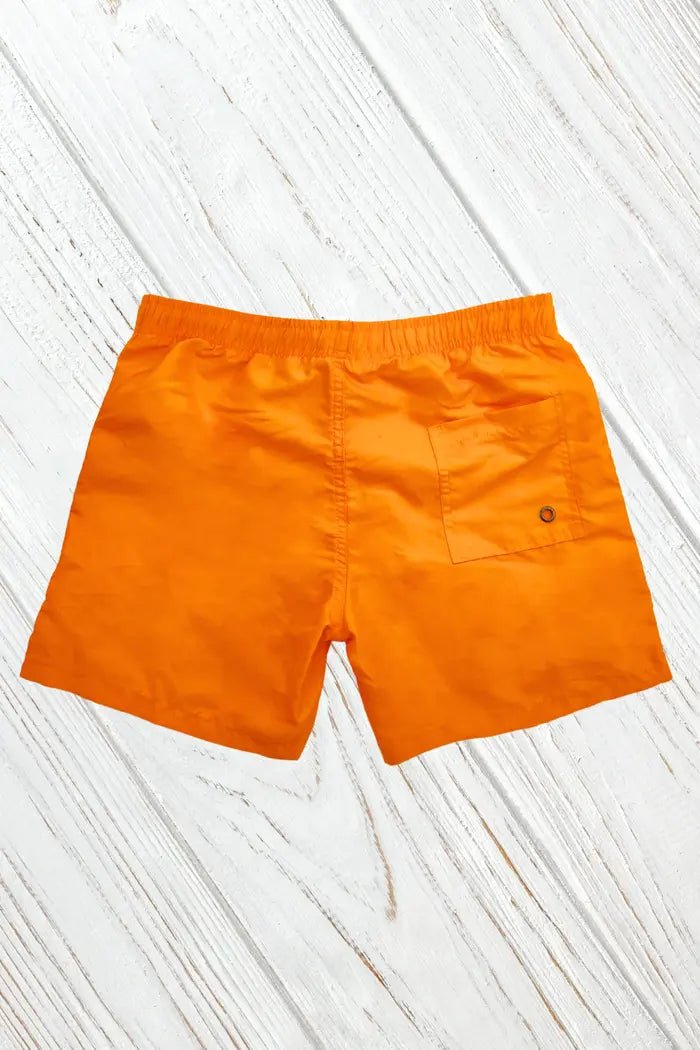 Maskulo Thorin Cyclone soft-touch neon orange nylon/polyester shorts with white mesh lining, free fit, and 3 pockets.