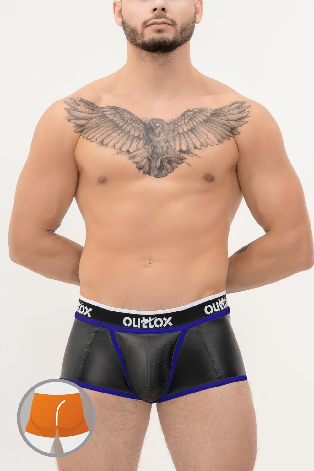 Outtox. Wrapped Rear Trunk Shorts with Snap Codpiece. Black+Blue &