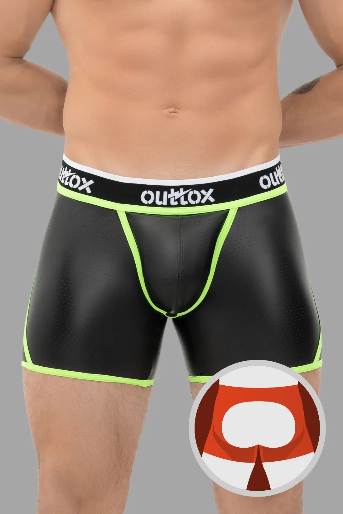 Outtox. Open Rear Shorts with Snap Codpiece. Black and Green - Outtox - XSH107 - Y2 - Maskulo Global (EU) Store